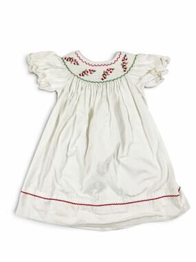 Anavini Candy Cane Smocked Christmas Bishop Dress White 24 Months